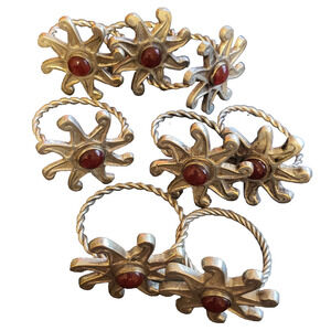 Lot of 8 Silver Sun themed napkin rings Simulated Red Carnelian Gemstone 2 inch